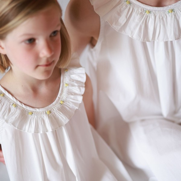 Memo Press x Smock London Girls Alice Dress Moonstone with Yellow Rose Hand Smocking Memo Press x Smock London Girls Alice Dress Moonstone with Yellow Rose Hand Smocking