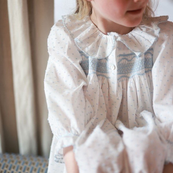 Nightingale Girl's Dress Forget Me Not Plumetti with Delphinium Hand Smocking Nightingale Girl's Dress Forget Me Not Plumetti with Delphinium Hand Smocking