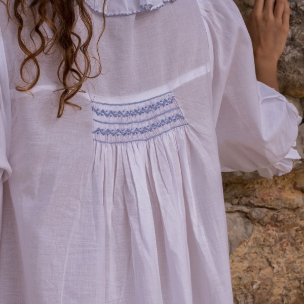 Bessie Coleman Women's Dress Moonstone Cotton with Cornflower Hand Smocking Bessie Coleman Women's Dress Moonstone Cotton with Cornflower Hand Smocking