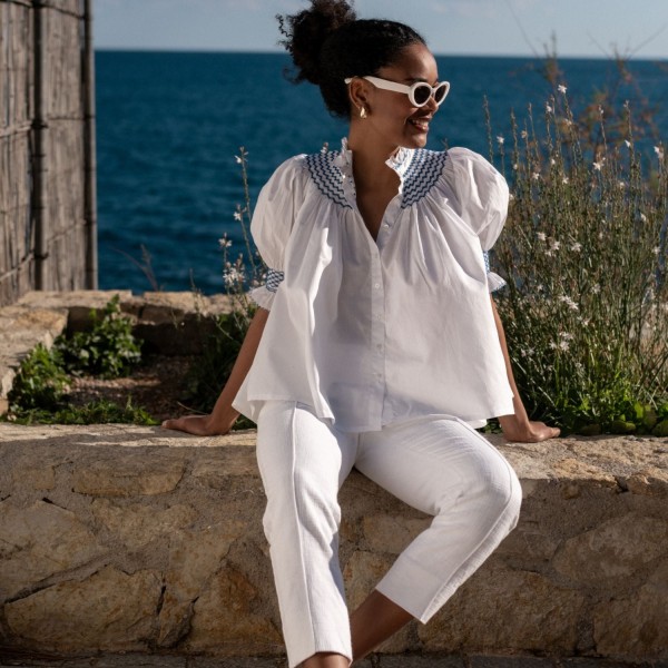 Scholl Women's Summer Blouse White with Sapphire Hand Smocking Scholl Women's Summer Blouse White with Sapphire Hand Smocking